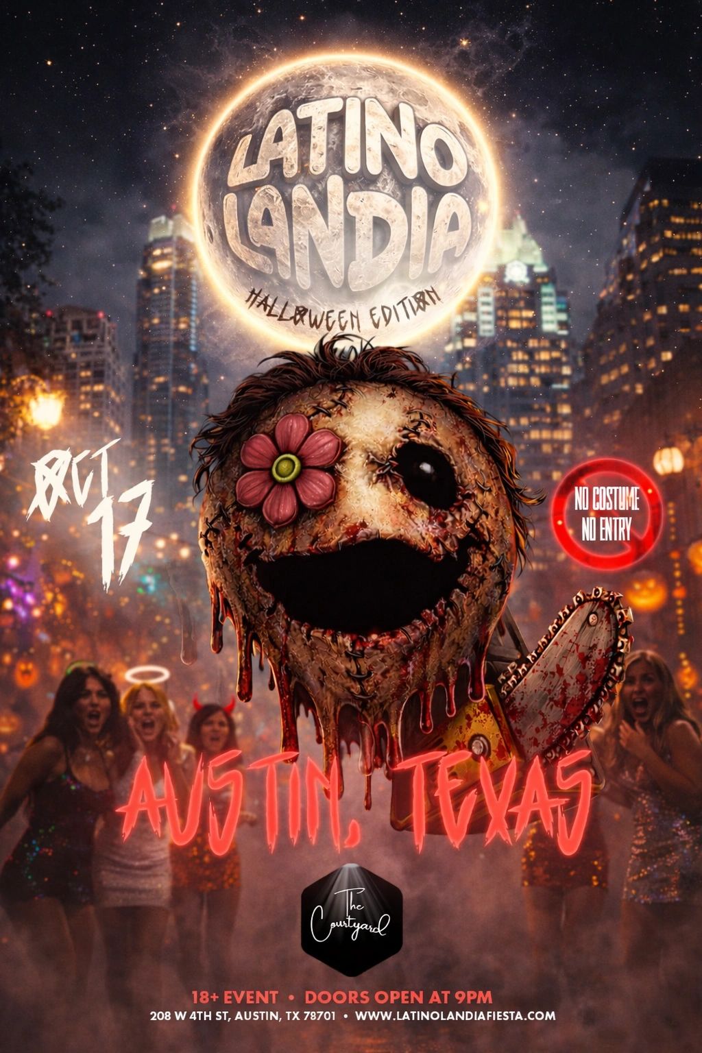 Halloween-themed Latino Landia event poster with a creepy mask and chainsaw in Austin, Texas.
