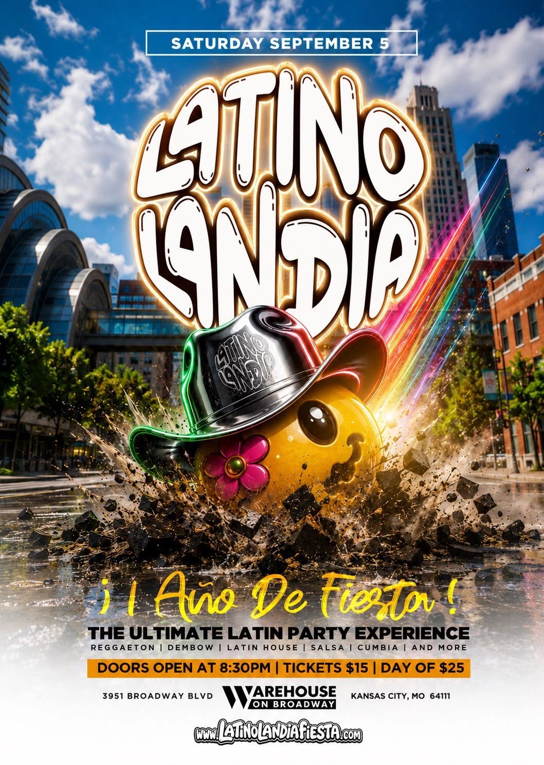 Vibrant flyer for Latino Landia event featuring neon colors and a smiling, colorful character.