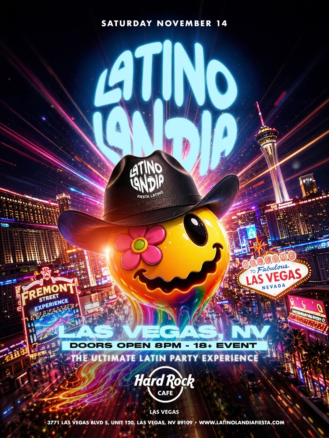 Latinolandia party in Las Vegas at Hard Rock Cafe, November 14, 18+ event.