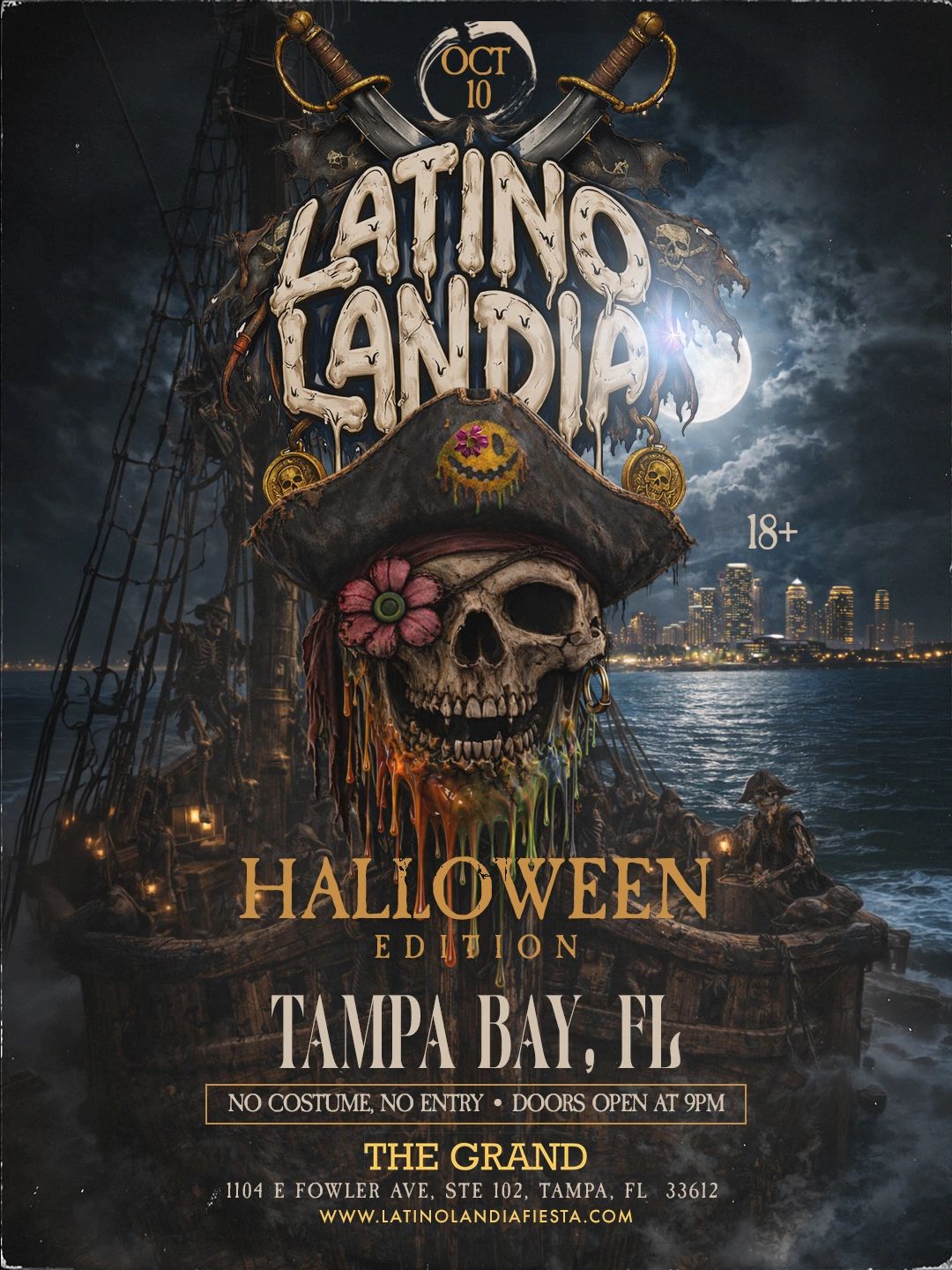 Halloween-themed Latino Landia event flyer with pirate skull and Tampa Bay cityscape.