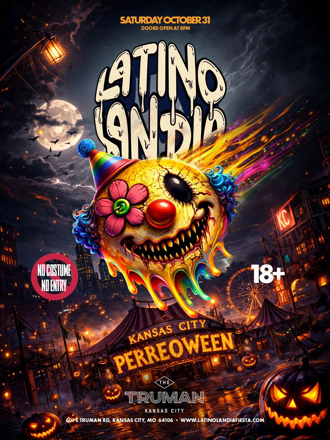 Halloween party flyer with a creepy clown and festive decorations in Kansas City.