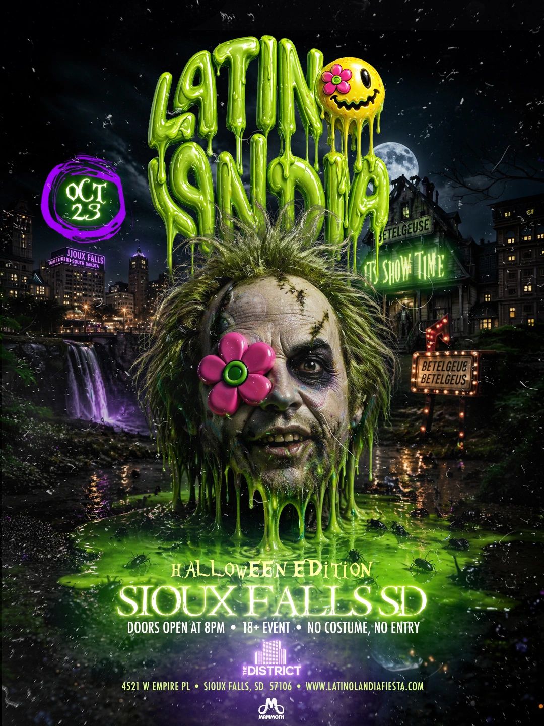 Halloween-themed Latinolandia event poster with dripping green text and spooky imagery.