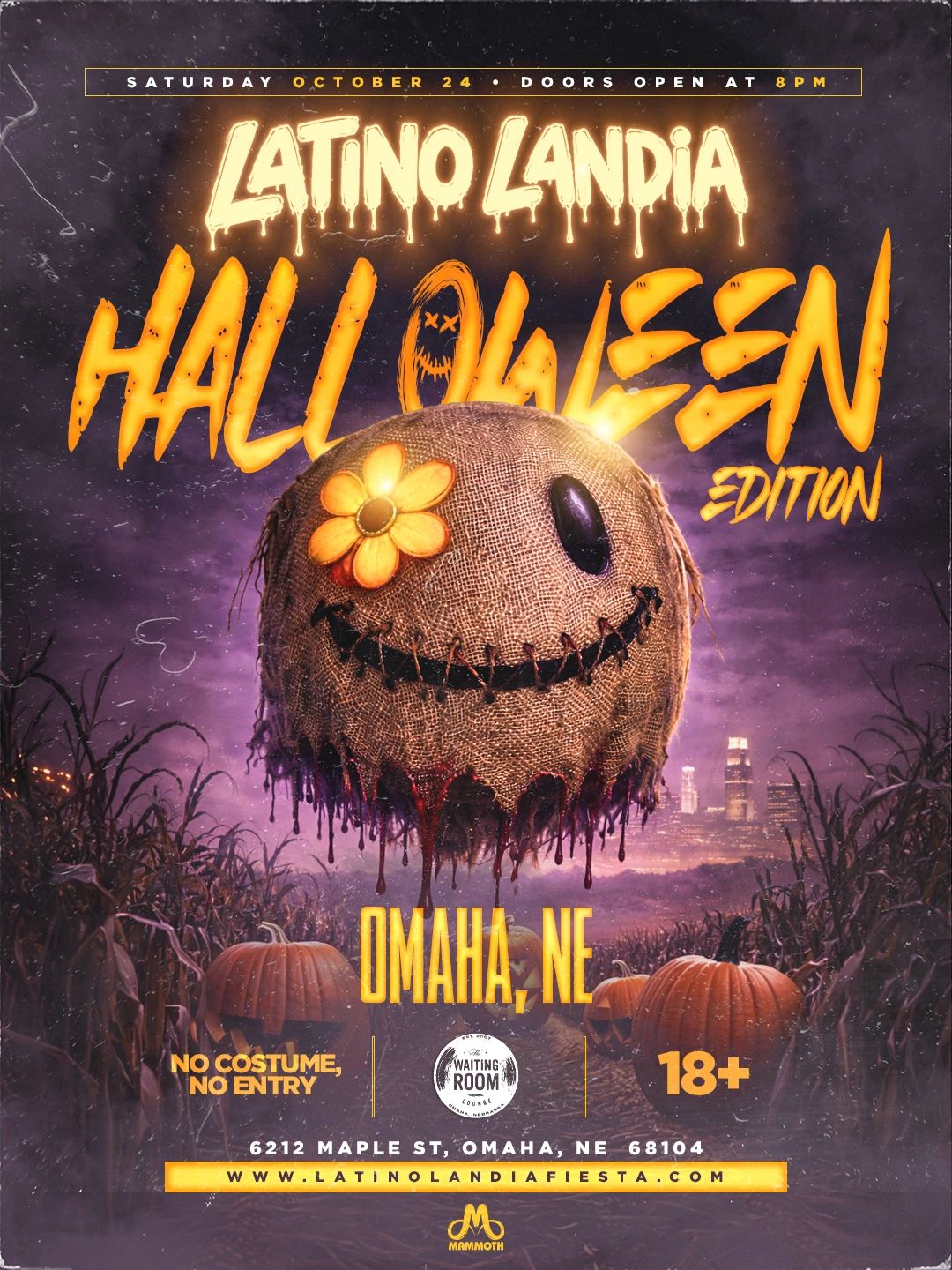 Halloween party in Omaha at Latino Landia on October 24, 8 PM, 18+ with costume required.