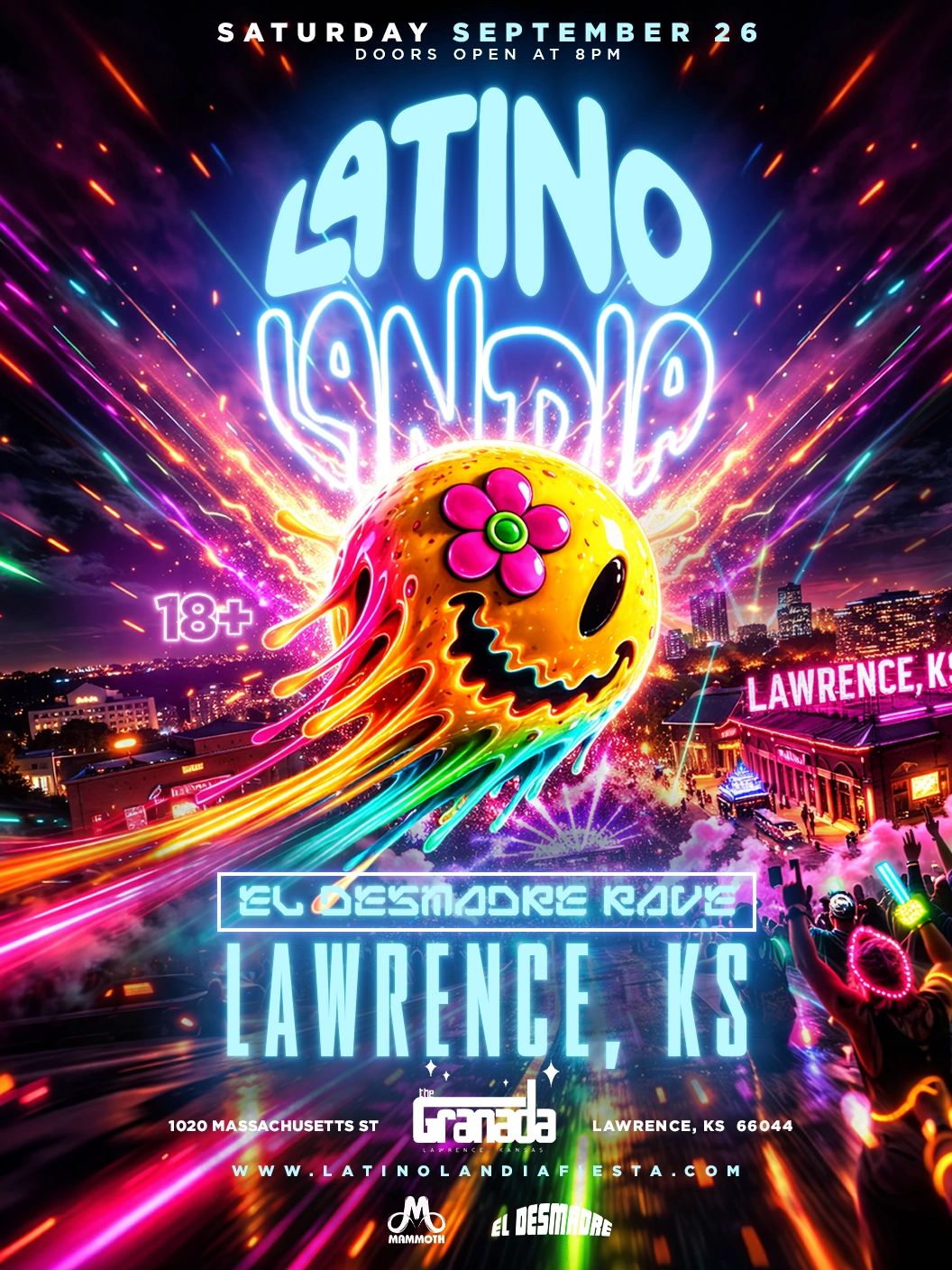 Vibrant flyer for Latino Landia event in Lawrence, KS, featuring neon colors and a smiling, colorful character.