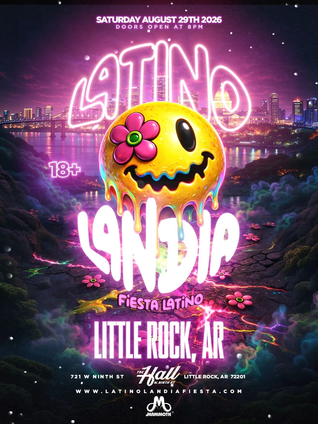 Vibrant Latin music event poster for Latino Landia in Little Rock, Arkansas, on August 29, 2026.