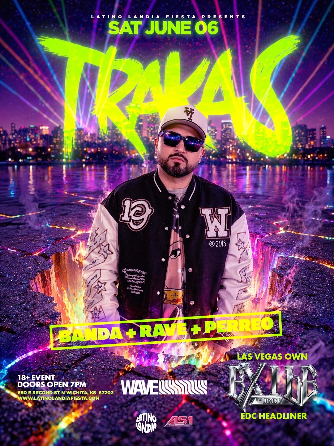 Promotional poster for Latino Landia Fiesta with DJ Trakas, featuring vibrant neon colors and cityscape background.