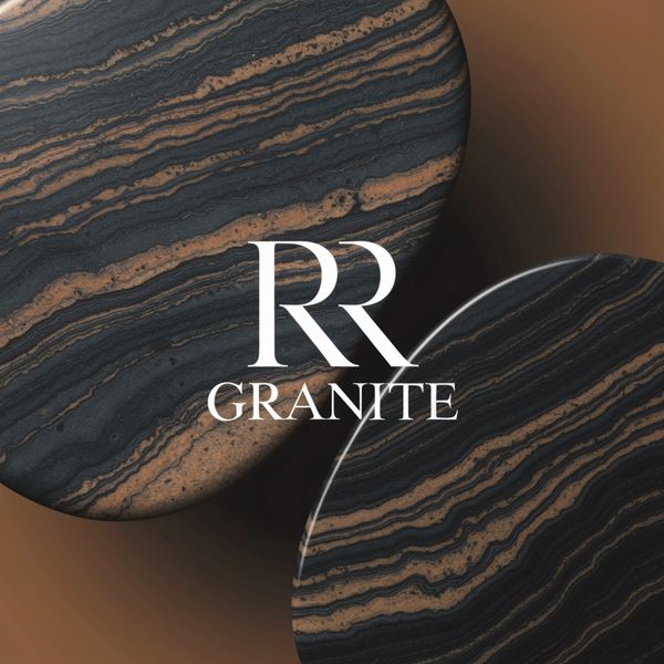 Elegant granite surfaces with black and brown stripes, branded as RR Granite.