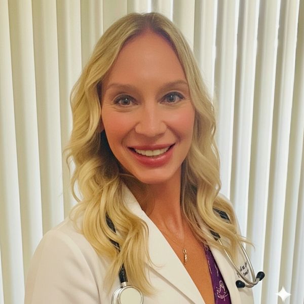 Smiling female doctor with blonde hair and stethoscope.