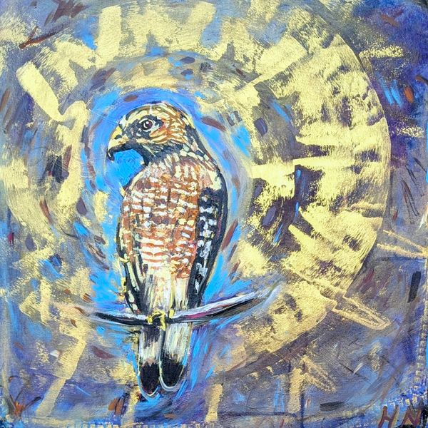 Painting of a hawk perched against a radiant, abstract background.