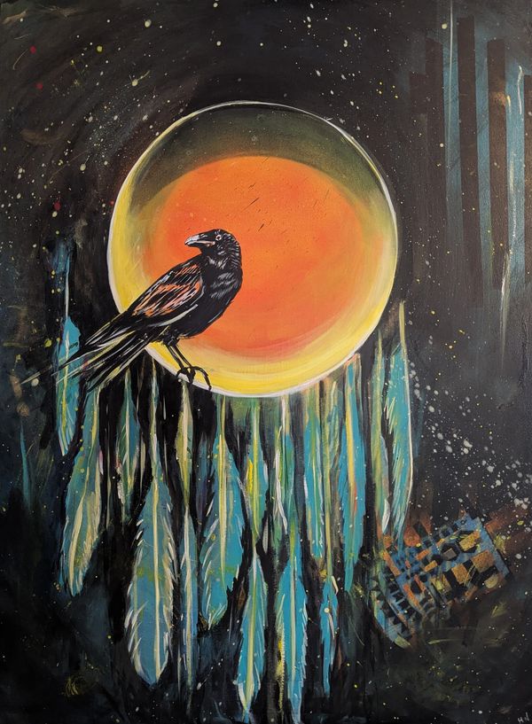 A crow perched on a dreamcatcher with a glowing orange moon in the background.