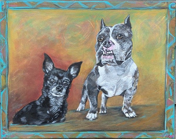 Painting of two dogs with expressive faces in a decorative frame.