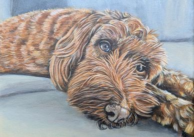 Detailed painting of a relaxed dog lying down.