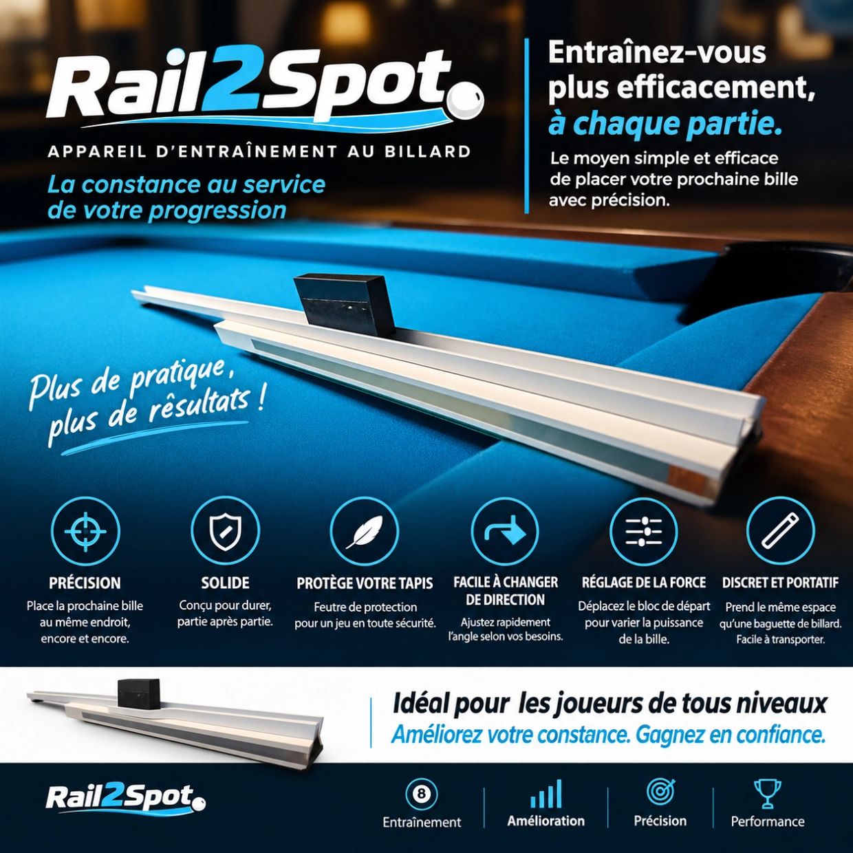 Rail2Spot, appareil d'entraînement au billard pour précision et progression.