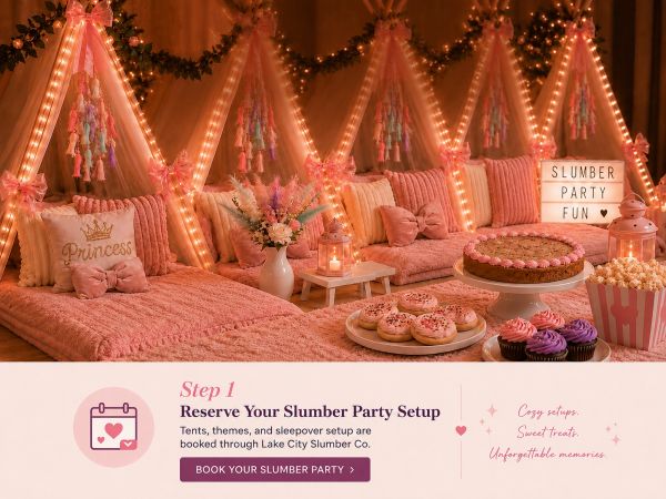Cozy, pink-themed slumber party setup with tents and treats.