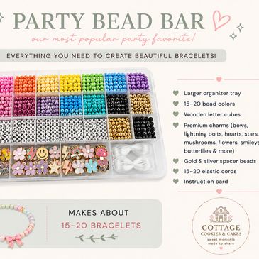 Party bead bar kit with colorful beads and charms for making bracelets.
