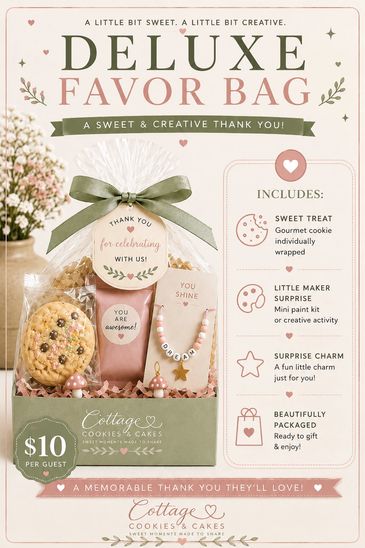 Deluxe favor bag with cookie, mini paint kit, and charm for guests.
