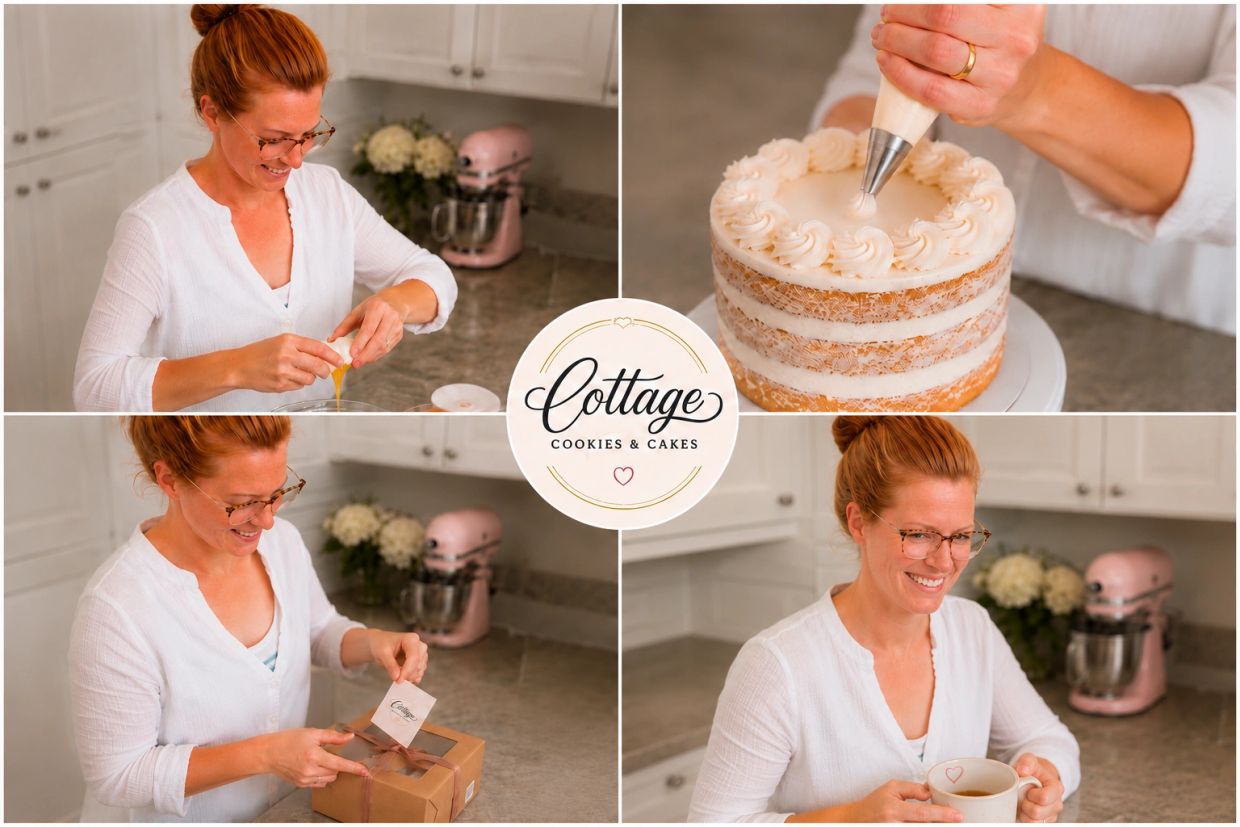 Woman baking, decorating cake, packaging, and enjoying coffee.