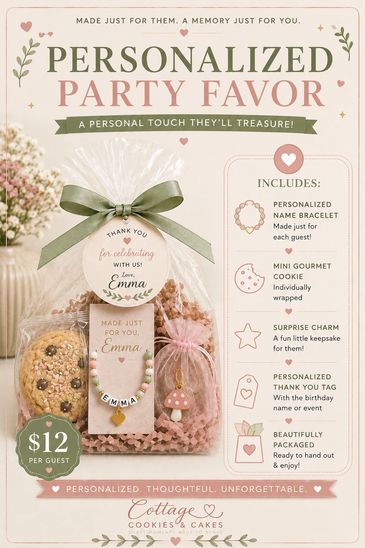 Personalized party favor with bracelet, cookie, charm, and tag.