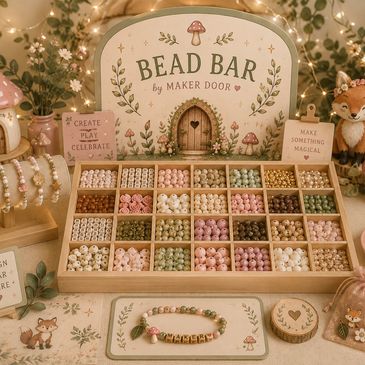 Bead bar with pastel beads and wooden display.