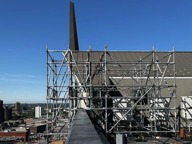 Scaffolding installed on the rooftop of the Lofton Hotel in Minneapolis, MN.