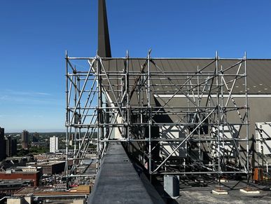 Scaffolding installed on the rooftop of the Lofton Hotel in Minneapolis, MN.