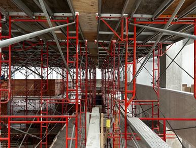 Interior scaffolding installed at the Sick Inc campus for construction access in Bloomington, MN