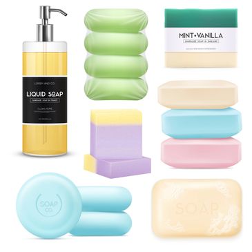 Various bars and liquid soap bottles.