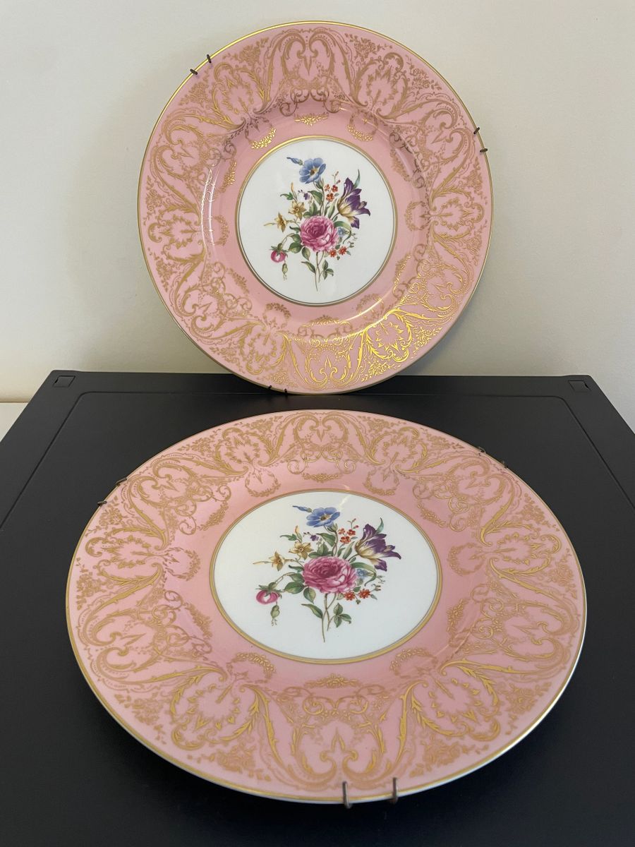 Pair Of Vintage Royal Worcester Floral Spray With Pink & Gold Border China Plates.