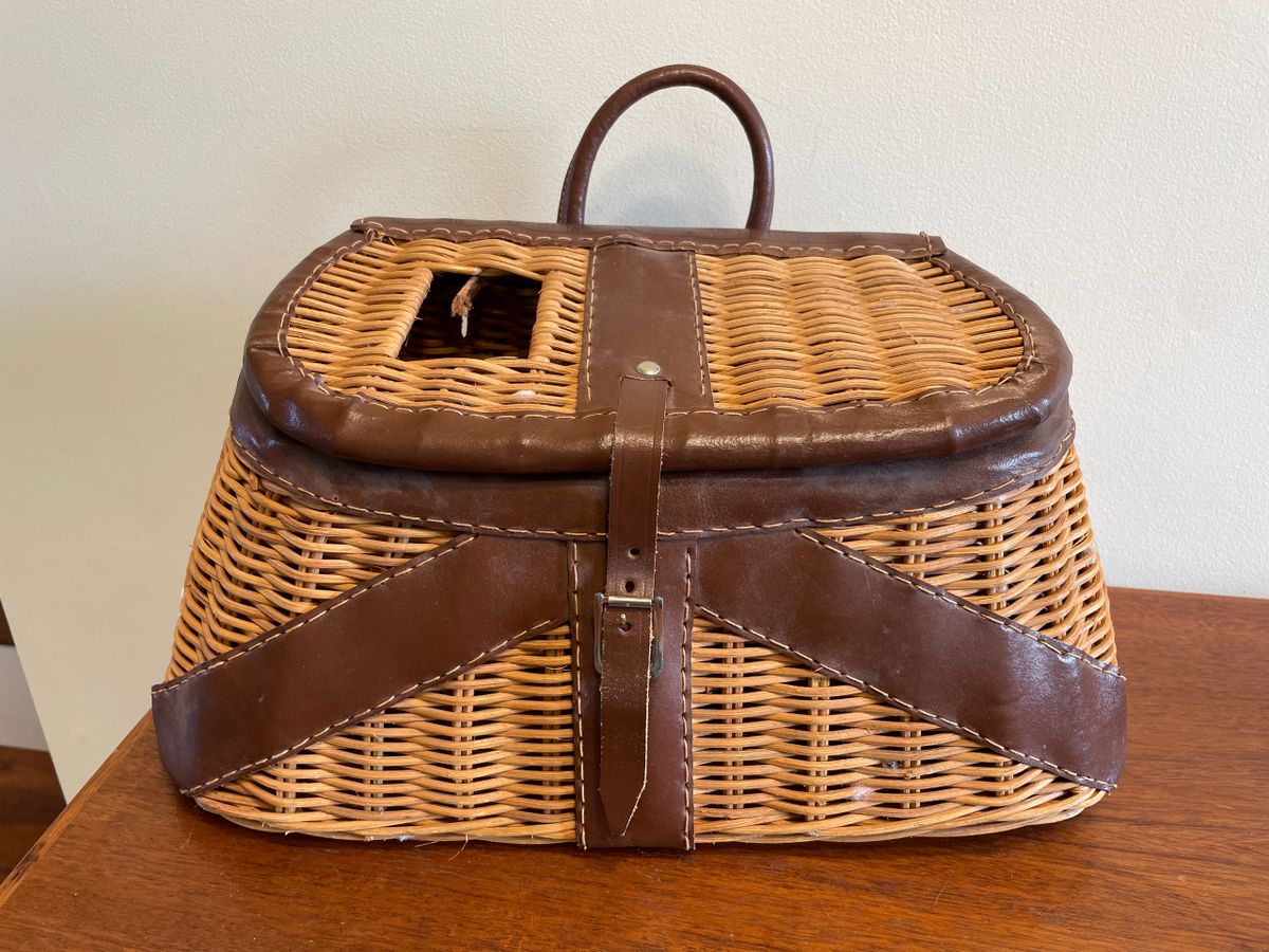 Vintage british Hong Kong Wicker Fishing Creel With Leather Trim