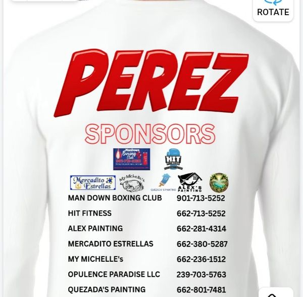 White shirt with PEREZ sponsors and contact info printed on the back.