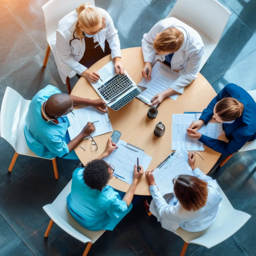 Team of hospital staff meeting at a table.