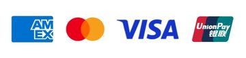 Credit card company logos including Amex, Mastercard, Visa, and UnionPay.