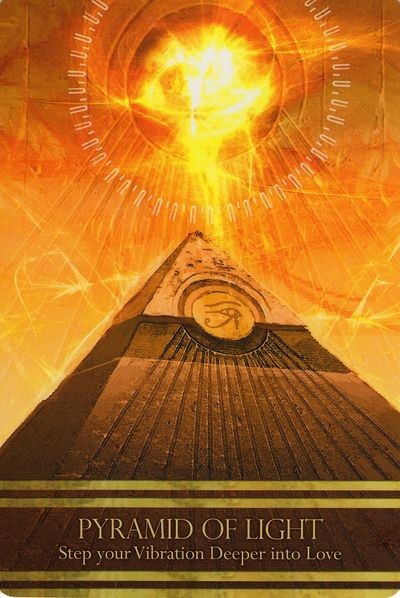 A glowing pyramid emits radiant light with spiritual symbols and uplifting text.