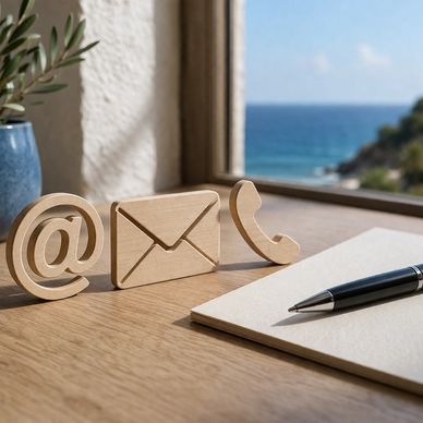 Wooden communication icons and a pen on a desk by a window with a sea view.