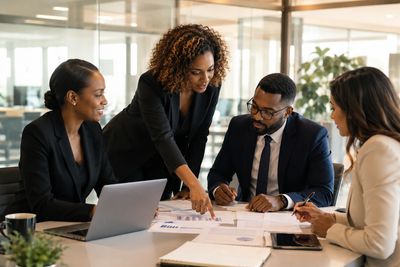 Business team discussing documents in office.