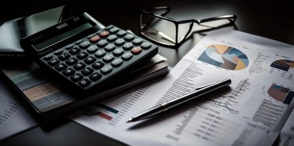Calculator, pen, glasses on financial documents.