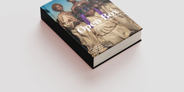 Mockup image: Upcoming poetry collection, hardcover 8x10 "Open Box: A Poetic & Literary Visual Monta