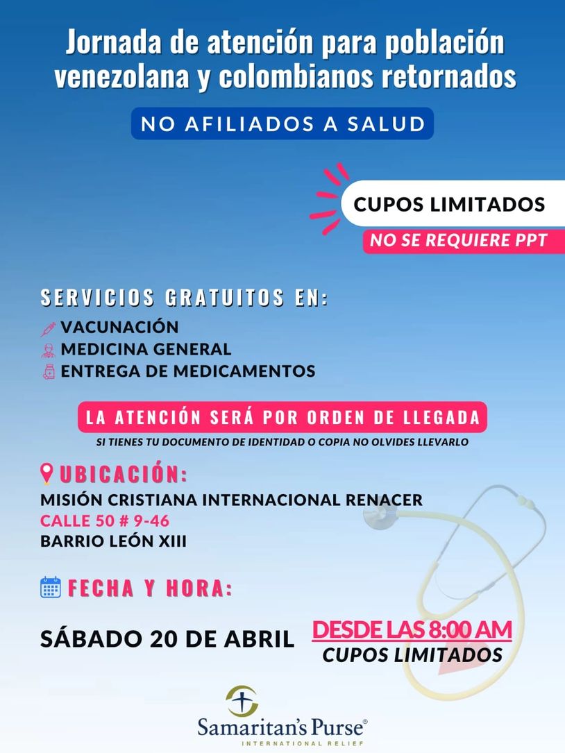 JORNADA DE SALUD POBLACION VENEZOLANA Y COLOMBIANOS RETORNADOS
SABADO 20 ABRIL 2024
8:00 AM