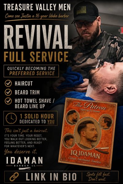 Barber offering full-service haircuts, beard trims, and shaves at Revival by Treasure Valley Men.