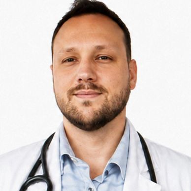 Confident male doctor with stethoscope and beard.