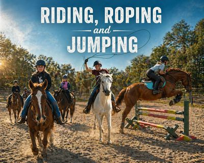 Riders on horses engaging in roping and jumping activities outdoors.