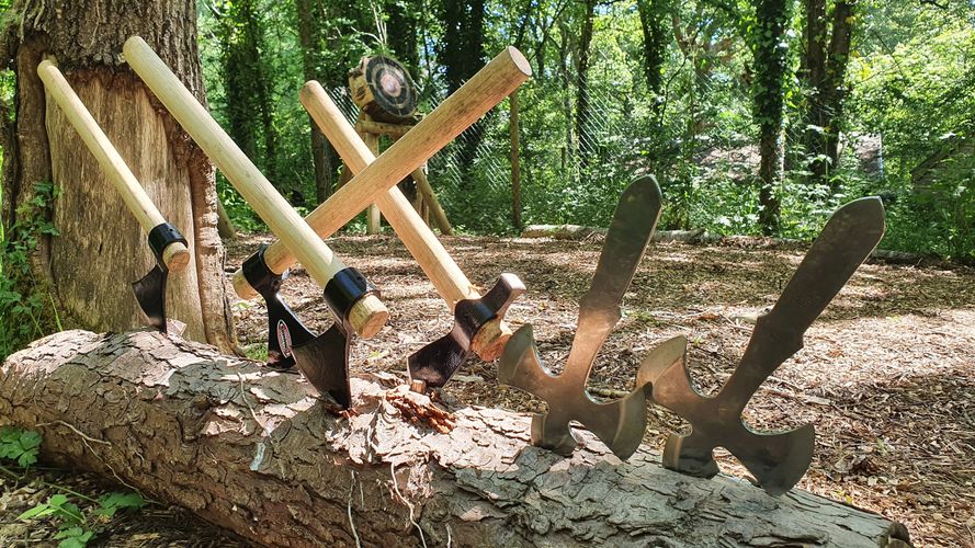 Various throwing axes embedded in a log in a forest setting.