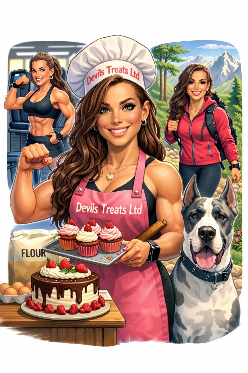 A muscular woman baking, hiking, and working out, with a dog by her side.