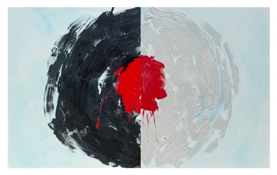 Abstract painting with black and white halves and a red center.
