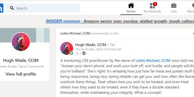 LinkedIn post praising Lottie Michael, CCIM for mentorship and professionalism in CRE.
