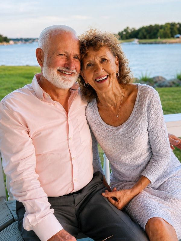 Smiling elderly couple sitting close by the water on a sunny day.