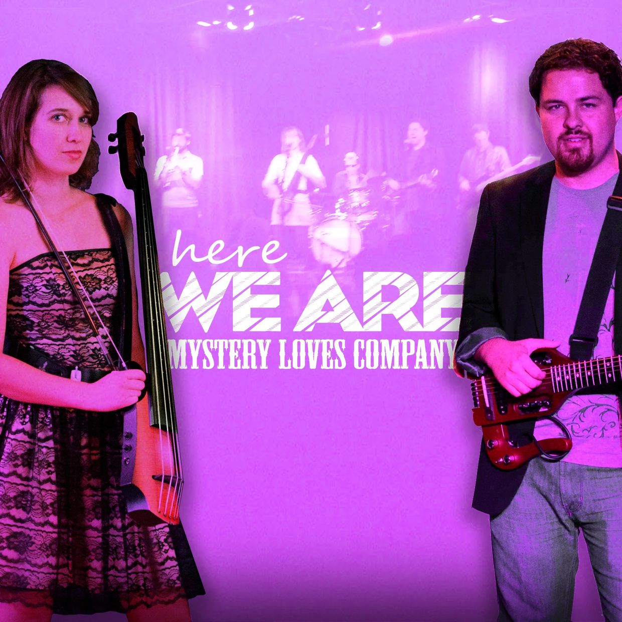 Two musicians with guitars pose against a purple backdrop with band name text.