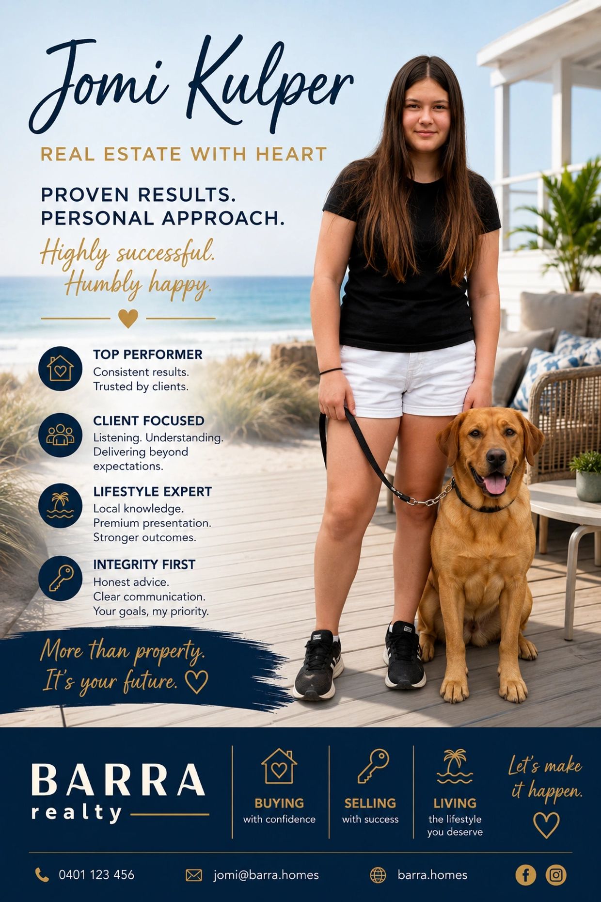 Real estate agent Jomi Kulper with a dog on a beachside deck, promoting personalized service.