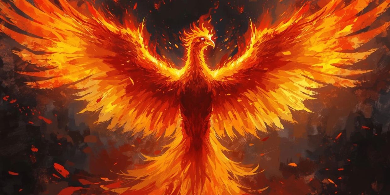 A fiery phoenix spreading its blazing wings against a dark background.