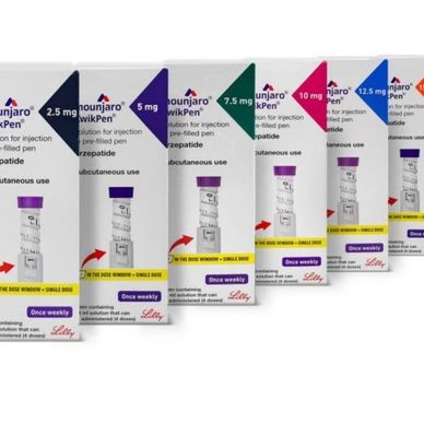 Mounjaro pens in different strengths from 2.5 mg to 15 mg displayed side by side